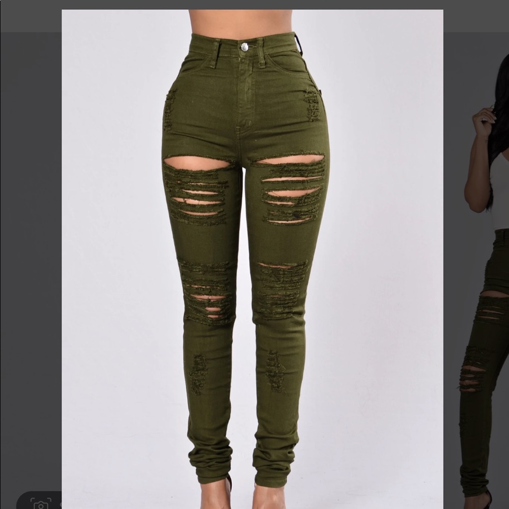 FASHION NOVA WOMENS OLIVE RIPPED JEANS